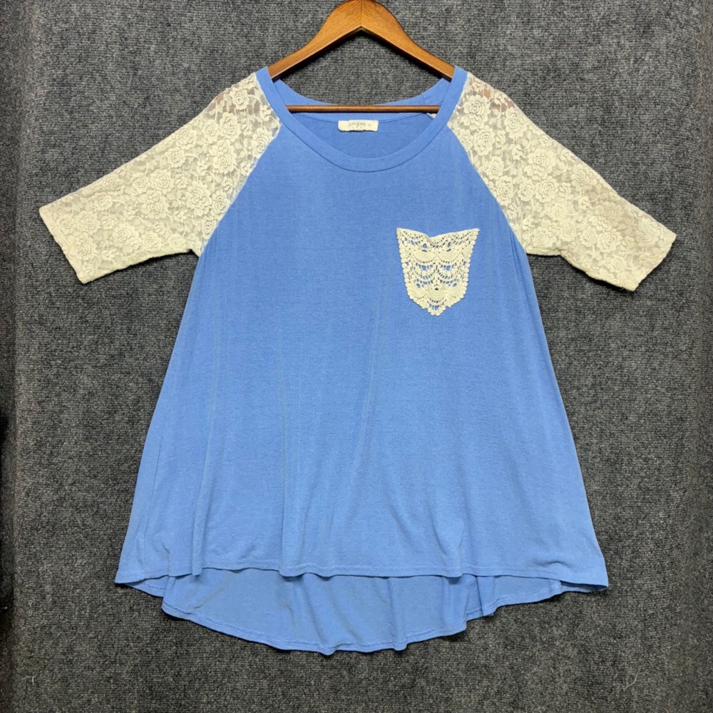Umgee‎ Top Blue Lace Raglan Sleeve XL High Low Boho Crochet Pocket  Cottage Chic
